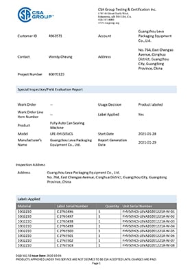 Fully Auto Can Sealing Machine CSA Certificate
