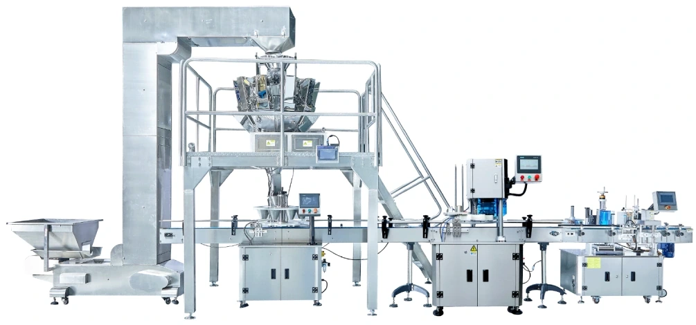 Complete automatic packaging line with weighing, filling, sealing, inspection and labeling equipment