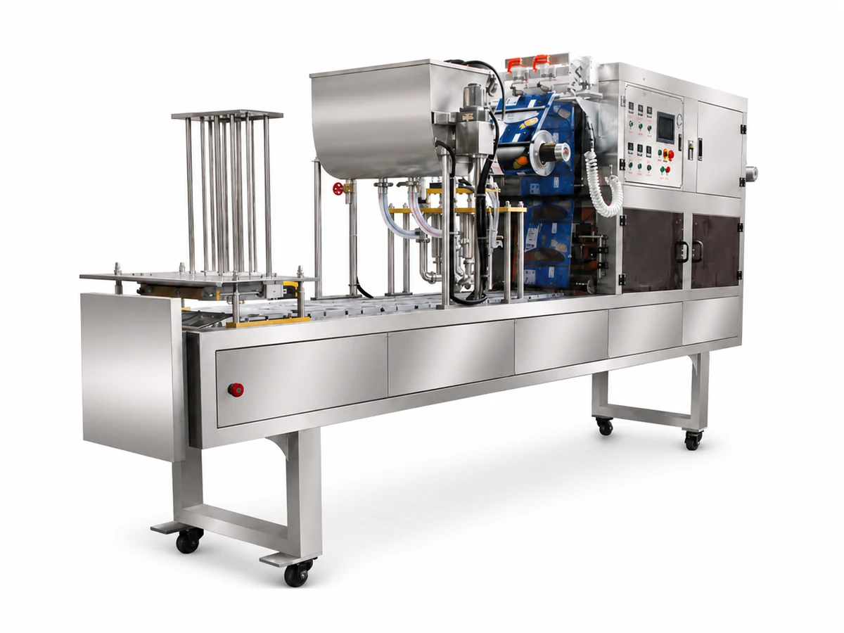Automatic cup filling and sealing line