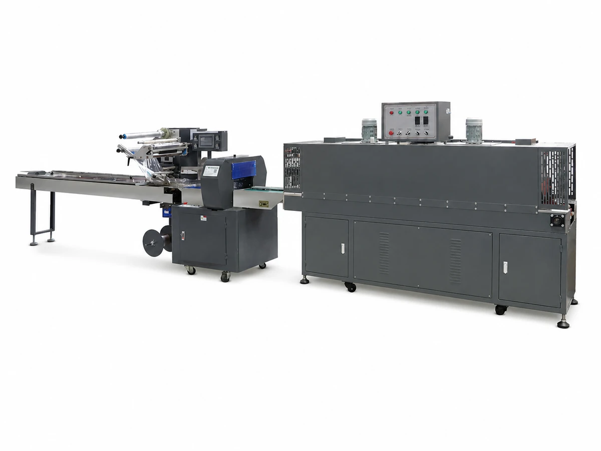 Horizontal flow wrapping and shrink packaging system