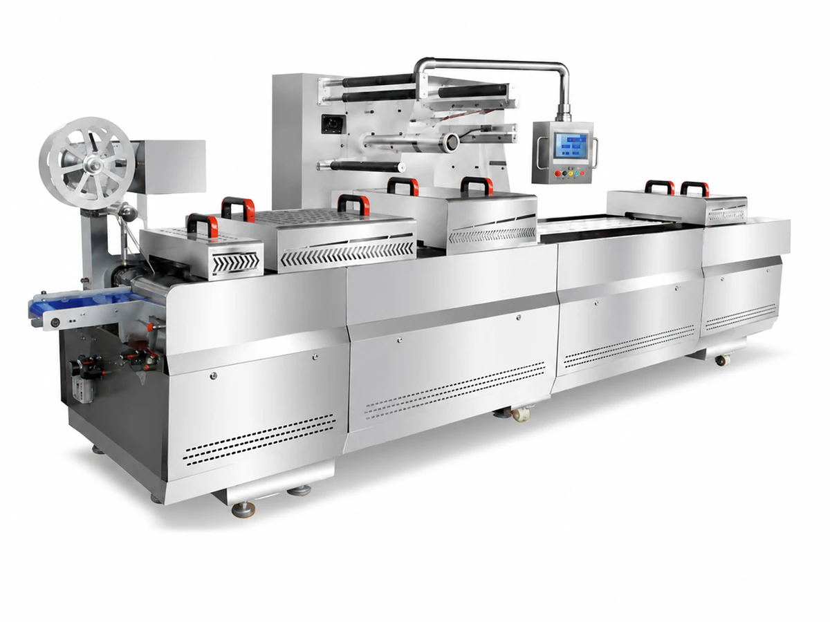 Automatic stretch film thermoforming vacuum packaging line